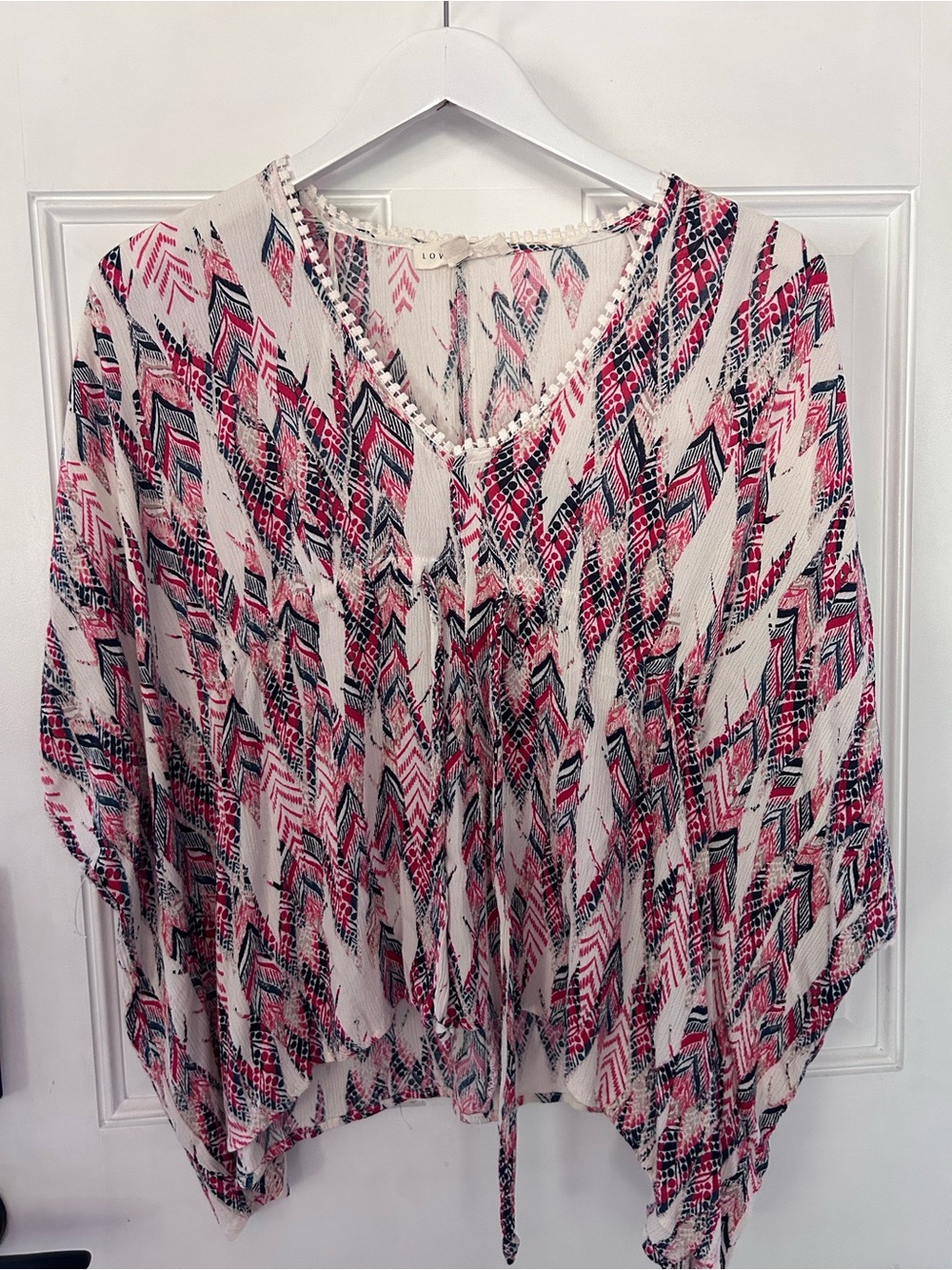 lovestitch Pink & Black Geometric V-Neck Peasant Blouse
